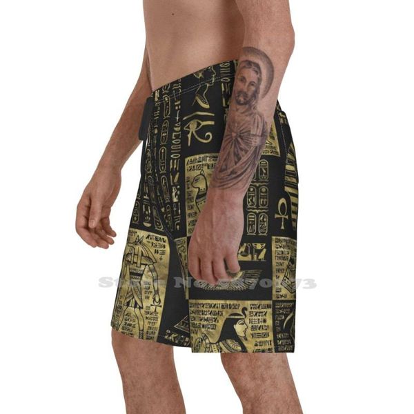Short homme hiéroglyphes égyptiens et or sur cuir noir pantalon d'été décontracté homme Streetwear egypte pharaon ethnique Papirus