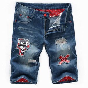Herenshorts El Barco Cartoon Patchwork Men Denim shorts Zomer Katoen Gatgat blauwe mannelijke jeans zachte hiphop knie-lengte broek broek broek T230502