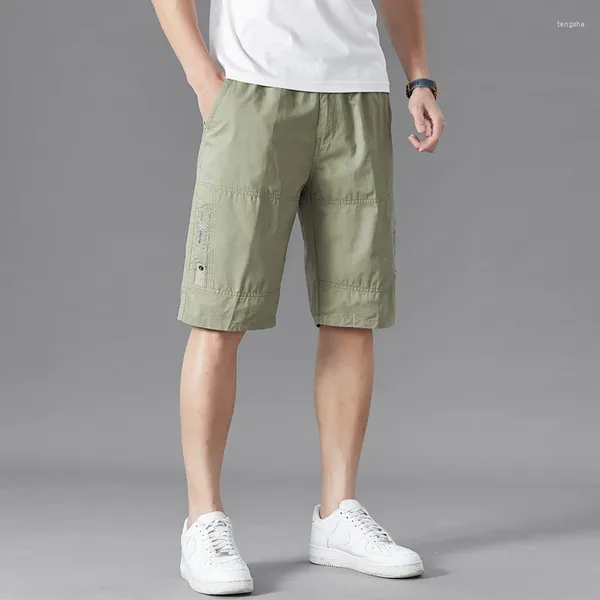 Shorts masculins brodés d'été solides poches élastiques bandage hauts bouton de la taille de vacances sports pantalon décontracté mode vintage