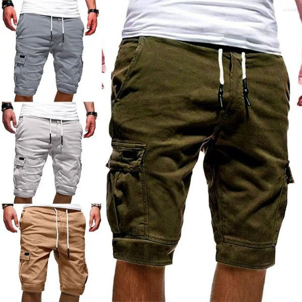 Pantalones cortos para hombres Moda Medio pantalones Cargo Color Sólido Multi Bolsillos Verano Hombres Cordón suelto para jogging Ropa