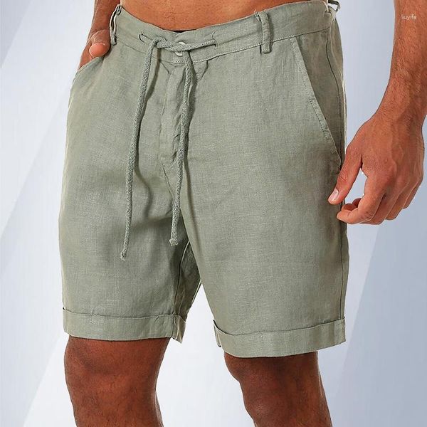 Pantalones cortos de hombre Moda Lino Hombres Verano Algodón Playa Corto