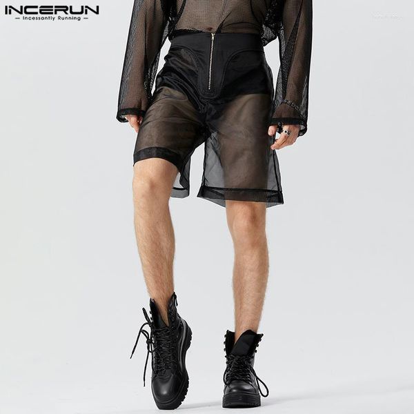 Pantalones cortos para hombres Moda bien ajustado INCERUN Casual Sexy Malla transparente Elegante Cremallera delgada S-5XL 2023