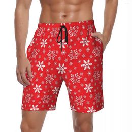 Pantalones cortos para hombres Tablero de copo de nieve festivo Verano Rojo Blanco Correr Surf Pantalones cortos Hombres Secado rápido Diseño retro Troncos de playa de gran tamaño