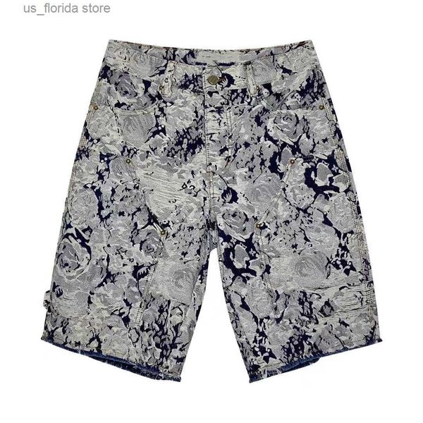 Pantalones cortos para hombres Denim floral Jacquard Rose Recorte Jeans bordados Pantalones cortos Hombres Mujeres Pareja Y240320