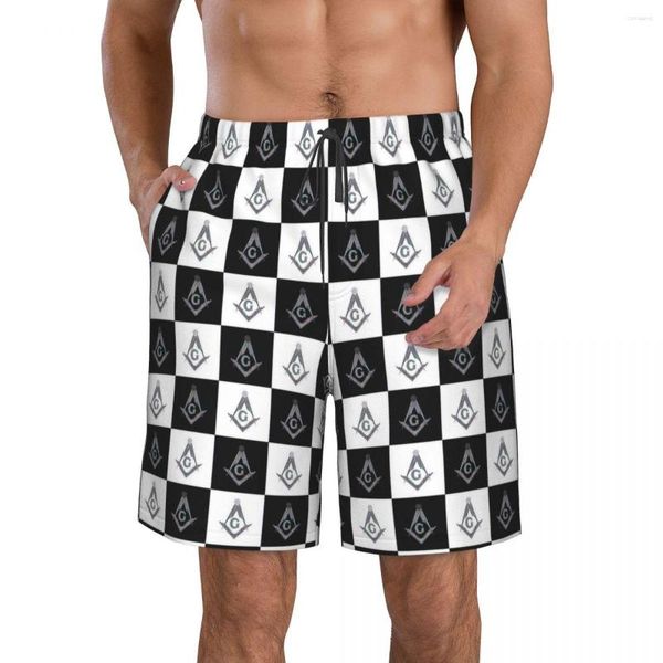 Pantalones cortos para hombre Freemason Checkered Pattern Beach Fitness Traje de baño de secado rápido Funny Street Fun 3D