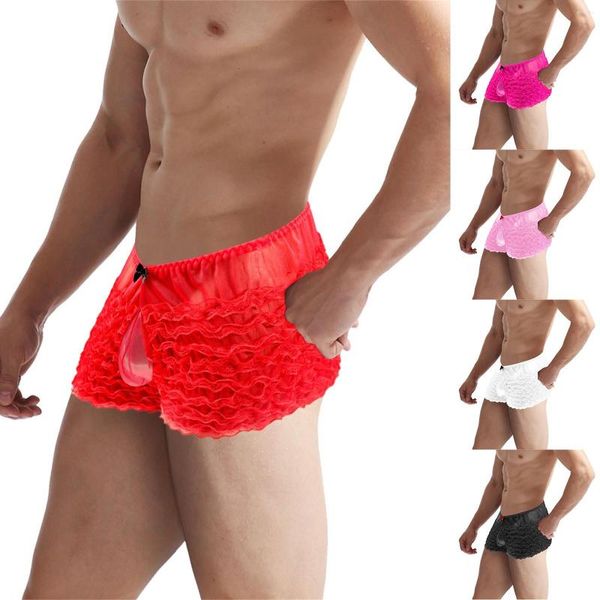 Shorts pour hommes sous-vêtements amusants en dentelle à carreaux maille transparente taille basse petit pantalon d'angle plat