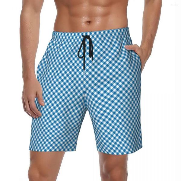 Pantalones cortos para hombre, tablero con estampado de cuadros, pantalones cortos deportivos a cuadros azules de verano, bañadores de talla grande con diseño Vintage de secado rápido para hombre