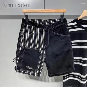 Heren shorts gmiixder gestreepte patchwork contrasterende denim zomer Japan werkkleding half broek losse rechte been middelste broek