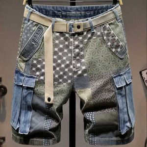 Heren shorts grafische man denim shorts multi color heren jeans geschikt voor herengoederen bermuda met tekst elastische jorts dunne blauwe Koreaanse mode xl J240507
