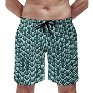 Pantalones cortos para hombres Verde Azul Seigaiha Tablero Tradicional Japón Playa Pantalones cortos Hombre de alta calidad Impresión linda Troncos de natación Tallas grandes