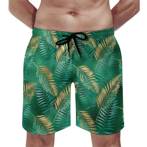 Short pour hommes Vert Palm Leaf Board Summer Golden Jungle Print Sports Surf Pantalons courts Hommes Séchage rapide Grande taille Maillot de bain