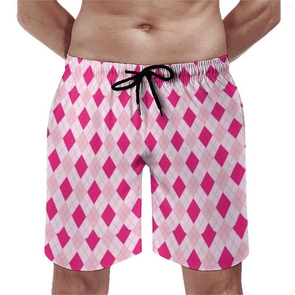 Pantalones cortos para hombre Gimnasio Geométrico Lindo Hawaii Swim Trunks Pink Argyle Print Hombres Secado rápido Deportes Surf Tallas grandes Pantalones cortos de playa