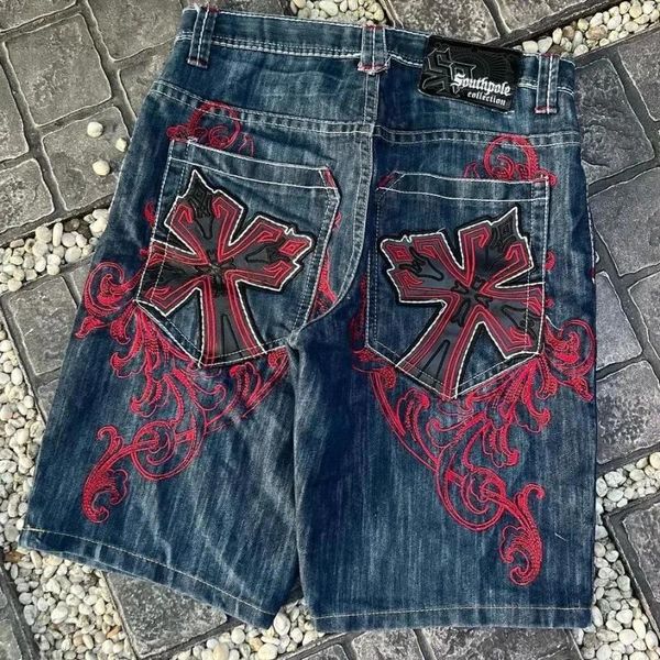 Short masculin HARAJUKU Géométrique Cross Modèle brodé de denim surdimensionné pour hommes 2000 Pantalons de taille haute hip hop y2k Baggy