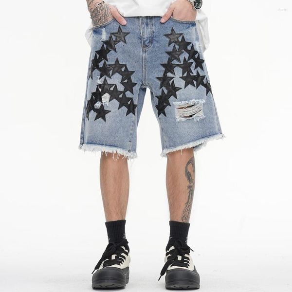 Shorts pour hommes Harajuku Pu cuir étoiles broderie trou lavé jean droit en détresse Y2K déchiré Baggy Denim cinq points pantalon