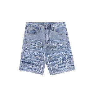 Heren shorts Harajuku gescheurde patchwork gat gesneden casual zomerse spijkerbroek shorts voor mannen high street oversized baggy denim knie lengte broek t230502