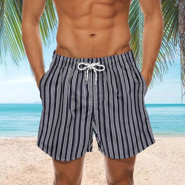 Pantalones cortos para hombre, natación hawaiana, estampado a rayas, cordón, cintura elástica, bañadores con dos bolsillos, traje de baño para vacaciones en la playa