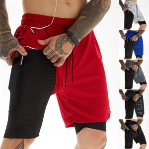 Pantalones cortos para hombre Agujero para auriculares Moda para hombre 2 en 1 de dos pisos de secado rápido Deporte Fitness Jogging Gimnasio Deportes Pantalones cortos