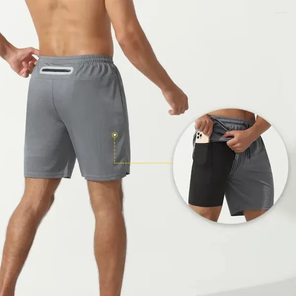 Pantalones cortos masculinos pesado 2 en 1 hombres deportivos doble capa nocturna casual reflectante trasero de la cintura bolsillo de 5 pulgadas de 5 pulgadas