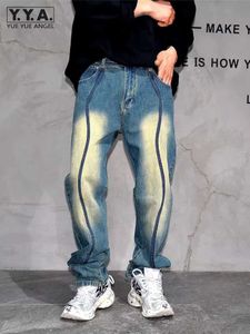 Heren shorts High Street Heren Nieuwe vintage denim broek gestreepte los fit jeans lente vintage gewassen cowboy lange broek casual streetwear J240522
