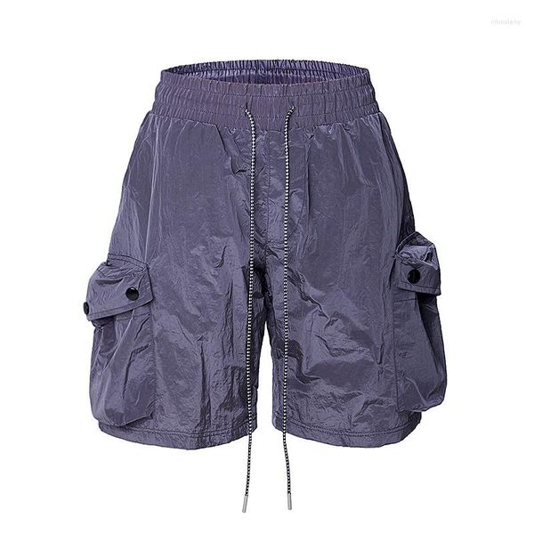 Pantalones cortos para hombres High Street Nylon Cordón Múltiples bolsillos Malla en el interior Hombres Estilo Vibe GYM Ropa deportiva Pantalones casuales de cinco puntos Gris Negro