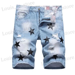 Heren shorts High Strt Light Blue Jeans Shorts For Men Star Patchworks Slim Denim Pants vernietigde gaten Lichte gewicht mannen Zomerkleding T240419