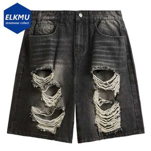 Shorts masculins Hip Hop Denim Shorts en détresse Ripped Streetwear Black Denim Shorts Mens 2024 Fashion Summer Casual Loose Shorts rétro J240407