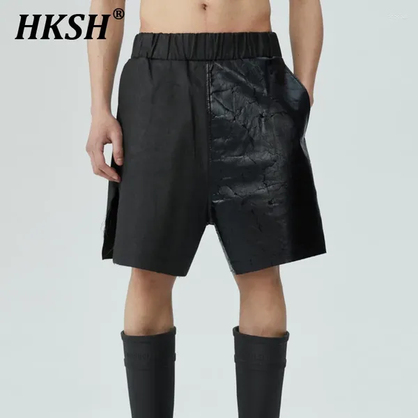 Shorts para hombres HKSH Spring Summer Summer Dark Coated Wax Tide Punk Color Contrast Perfil dividido de mujeres Pierna ancha suelta HK0849