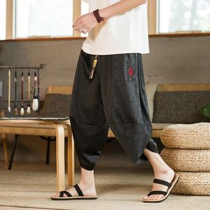 Short masculin pantalon de soie glace hommes samurai japonais lâche décontractée harajuku veau-velght rétro yukata pantalon de jambe large streetwear