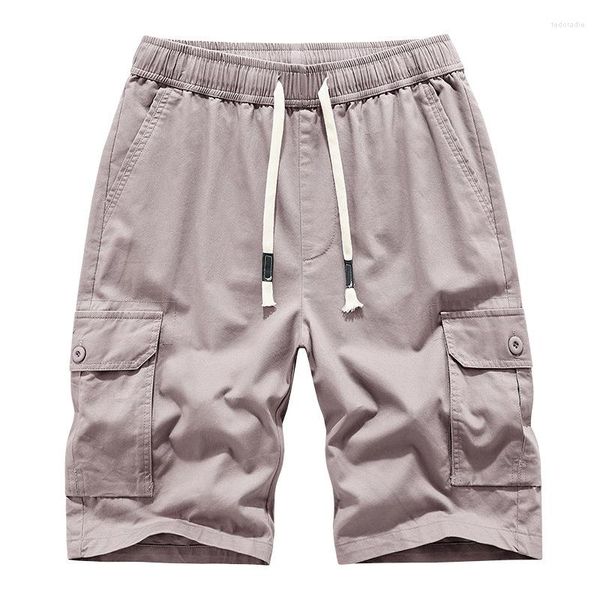 Pantalones cortos para hombres en verano Hombres cortos Casual suelto recto Longitud de la rodilla Cintura elástica Algodón puro Cordón masculino Cargo 30-42