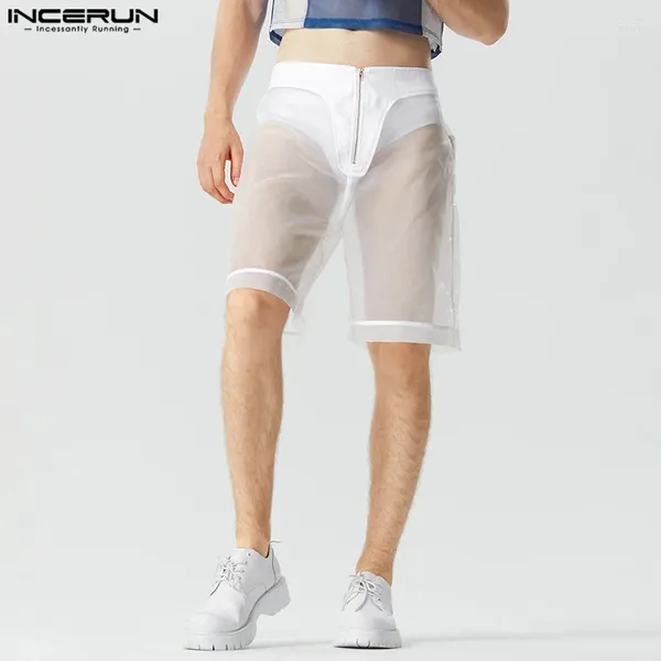 Pantalones cortos para hombres INCERUN 2024 estilo americano para hombre casual sexy transparente malla moda fiesta espectáculo cremallera delgada S-5XL