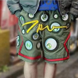 Heren shorts Japanse mode -kant -en -klare rijen van ogen koperdraad geborduurd wasgrens green om oude canvas casual broek te maken
