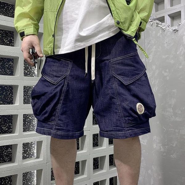 Pantalones cortos para hombre, pantalones vaqueros Retro japoneses de verano, ropa de trabajo funcional con bolsillos grandes, pantalones sueltos informales de cinco puntos, ropa masculina inferior para hombre