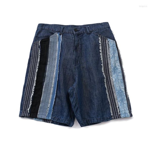 Pantalones cortos de hombre Vintage japonés personalizado hecho a mano estilo étnico parche empalme verano fino Denim Capris