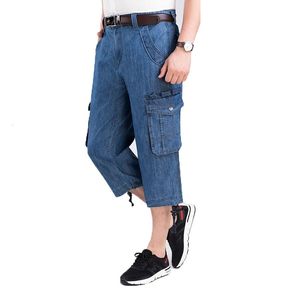 Heren shorts jeans shorts shorts heren zomerbroeken multi side pocket casual bermuda mannelijke rechte lange blauwe denim losse vracht shorts mannen 230426