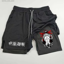 Pantalones cortos masculinos jujutsu kaisen gráfico de anime 2 en 1 pantalones cortos de compresión para hombres pantalones cortos de rendimiento de gimnasio liviano rápido