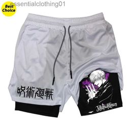 Shorts masculins Jujutsu Kaisen Satoru Gojo Imprime 2 en 1 short de compression pour hommes Anime Gym Workout Performance Shorts avec poches L231212