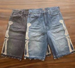 Heren shorts Kapital 23ss blauw geverfde retro distressed losse klinknagel-ingelegde edelsteen denim