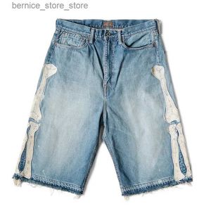 Heren shorts Kapital Hirata Hohiro losse ontspannen broek geborduurde botwas gebruikt ruwe rand denim shorts voor mannen en vrouwen casual jeans Q240529