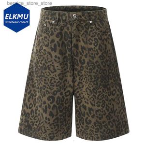 Heren shorts Leopard denim shorts mannen vintage losse jeans shorts 2024 Summer Streetwear hiphop luipaard shorts Q240529