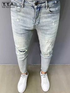 Heren shorts lichtblauwe herengat gescheurd patch denim broek slanke casual jeans lente zomer potloodbroek streetwear cowboy lange broek j240522