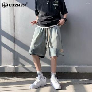 Heren shorts Luzhen Drawstring Patchwork Design Fashion Washed Five Point Denim Pants 2024 Summer Trendy Street Short Jeans LZ3164