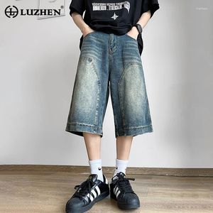 Heren shorts Luzhen zomer splicing ontwerp gewassen denim vijfpuntbroek origineel trendy heren straat recht lz3172