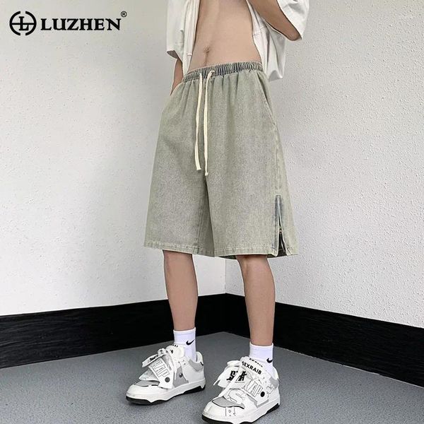 Pantalones cortos para hombres Luzhen Spliting Spliting Divish Diseño Denim lavado Pantalones Five Puntos Verano Trendy Handy Handsome Corean Street Men Jeans