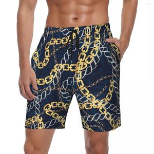 Pantalones cortos para hombres Gimnasio masculino Cadena dorada y gris Troncos de natación con estilo Enlaces Imprimir Deportes transpirables Fitness Pantalones cortos de playa de alta calidad