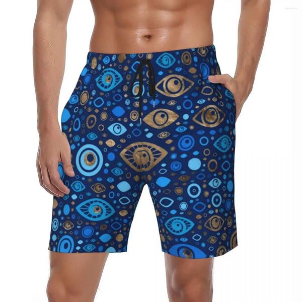 Pantalones cortos para hombres Hombre Gimnasio Griego Mal de ojo Vintage Swim Trunks Azul y oro Secado rápido Ropa deportiva Moda Plus Tamaño Pantalones cortos