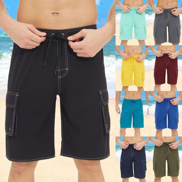 Pantalones cortos para hombre Primavera y verano Casual Traje de color sólido Cintura ajustable Cuerda de dibujo Cuatro bañadores Short Swim Men Board Pack