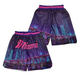 Shorts masculins shorts de basket-ball masculin Miami View quatre fermetures à glissière de poche broderie extérieure sport shorts de plage pantalon violet 2023 new t240507