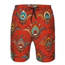 Heren Shorts Heren Strand Short Sneldrogend Zwembroek Pauwenveer In Rode Achtergrond Zwemkleding Badpak Zwemmen