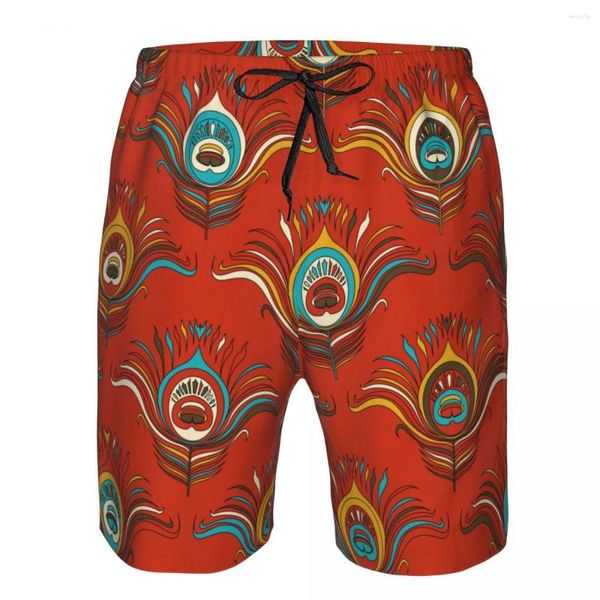 Pantalones cortos para hombre, pantalones cortos de playa para hombre, bañador de secado rápido, pluma de pavo real en fondo rojo, traje de baño, bañador
