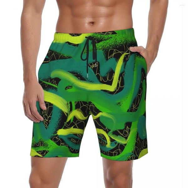 Pantalones cortos para hombres Tablero de hombres Verde Neón Pincel Impresión Casual Troncos de playa Arte abstracto Secado rápido Correr Pantalones cortos de gran tamaño